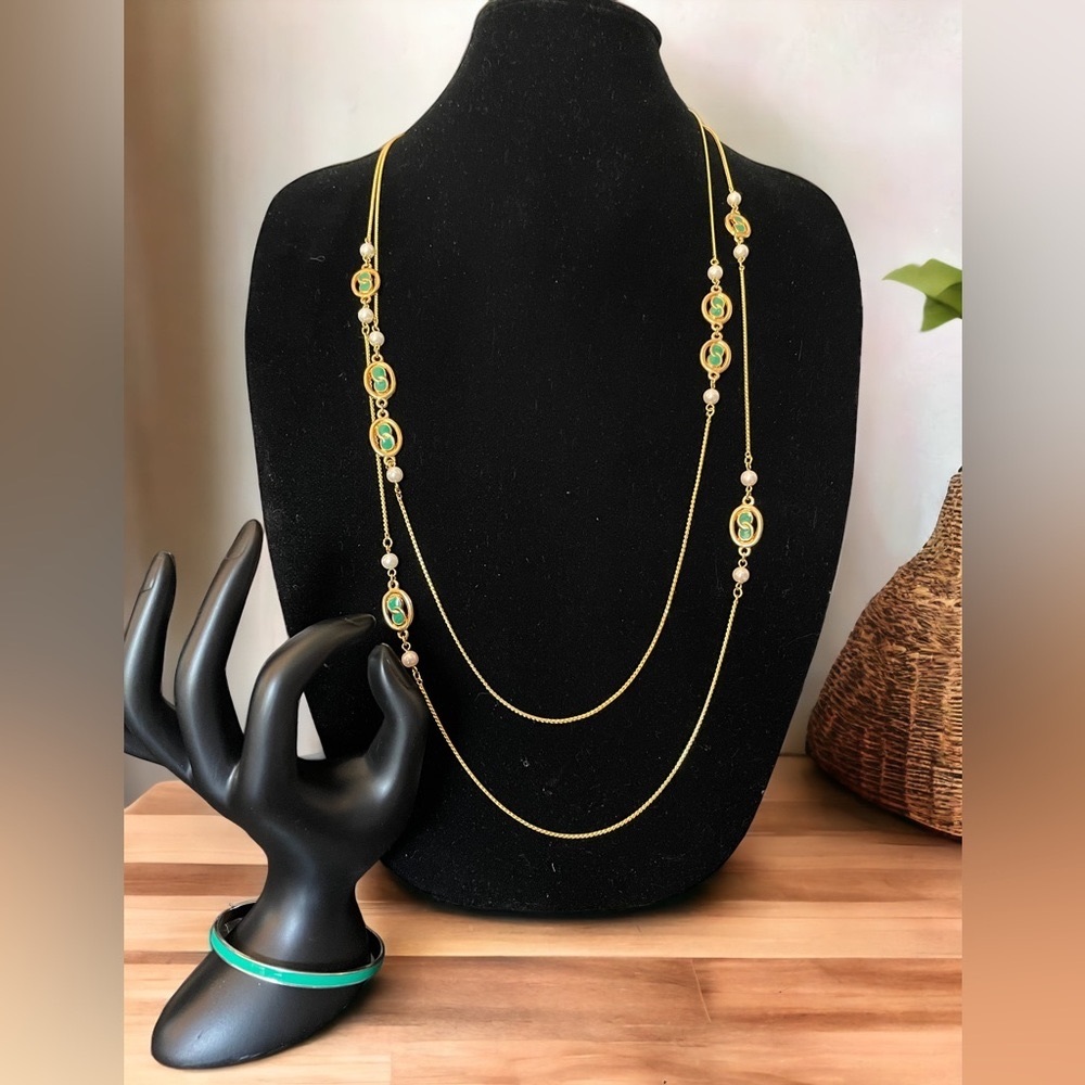 Gold Tone Double Strand with Faux Pearls and Green/Gold Medallions and Bangle